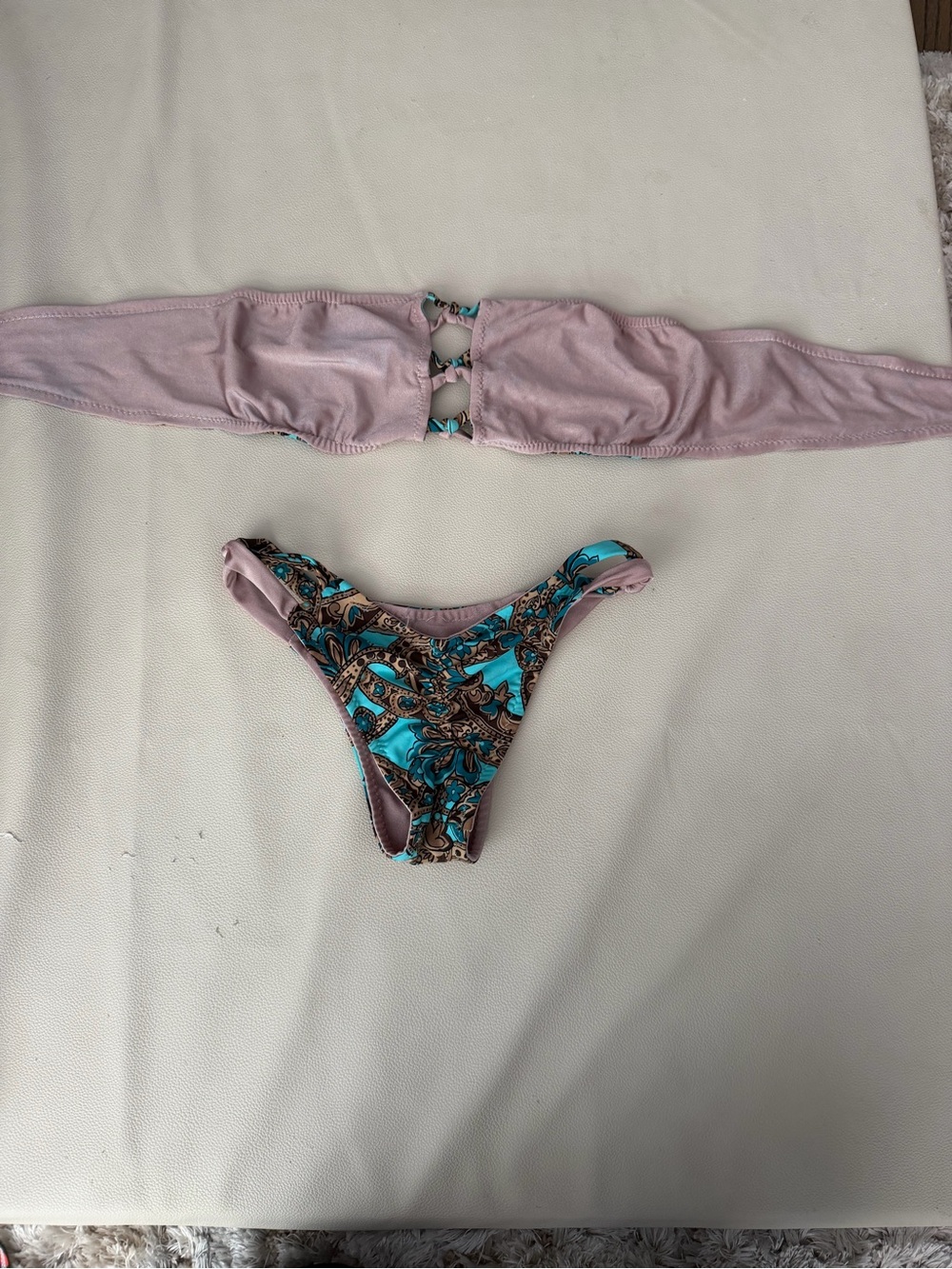 Pink Bandeau Bikini Top with Turquoise Paisley High-Cut Bottom